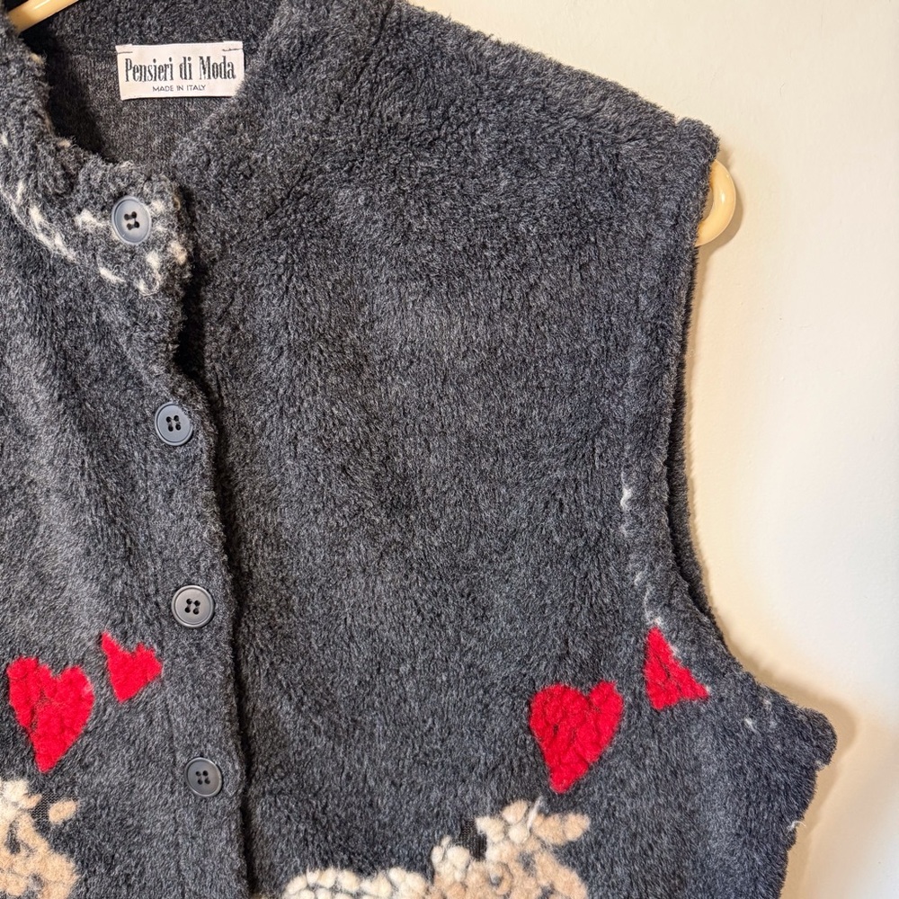 Artsy felted wool blend vest sheep hearts quirky art to wear layering country L - Picture 2 of 7